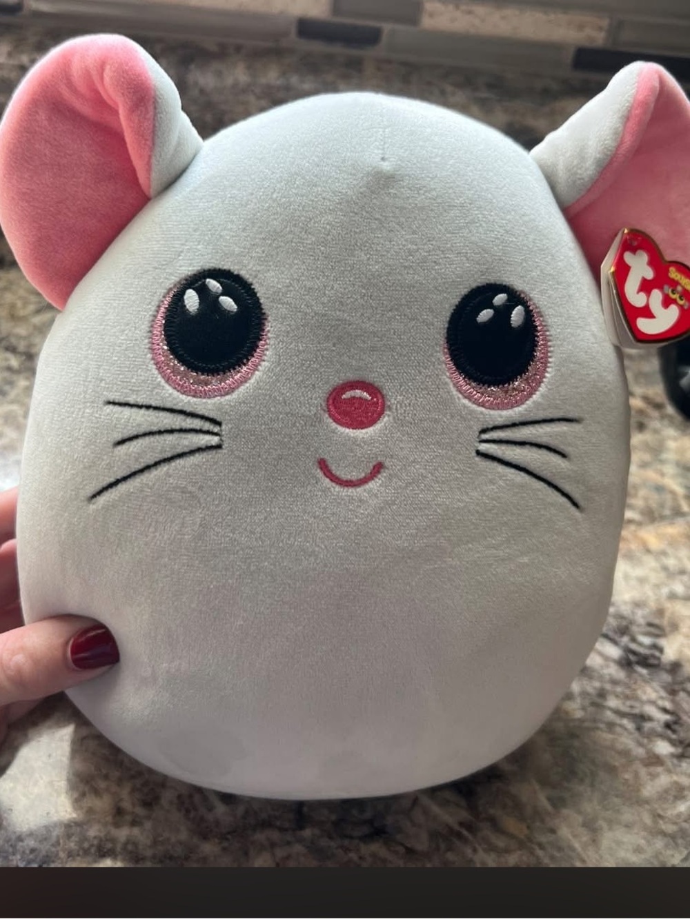 Ty Pink & White Mouse Plush with Embroidered Face